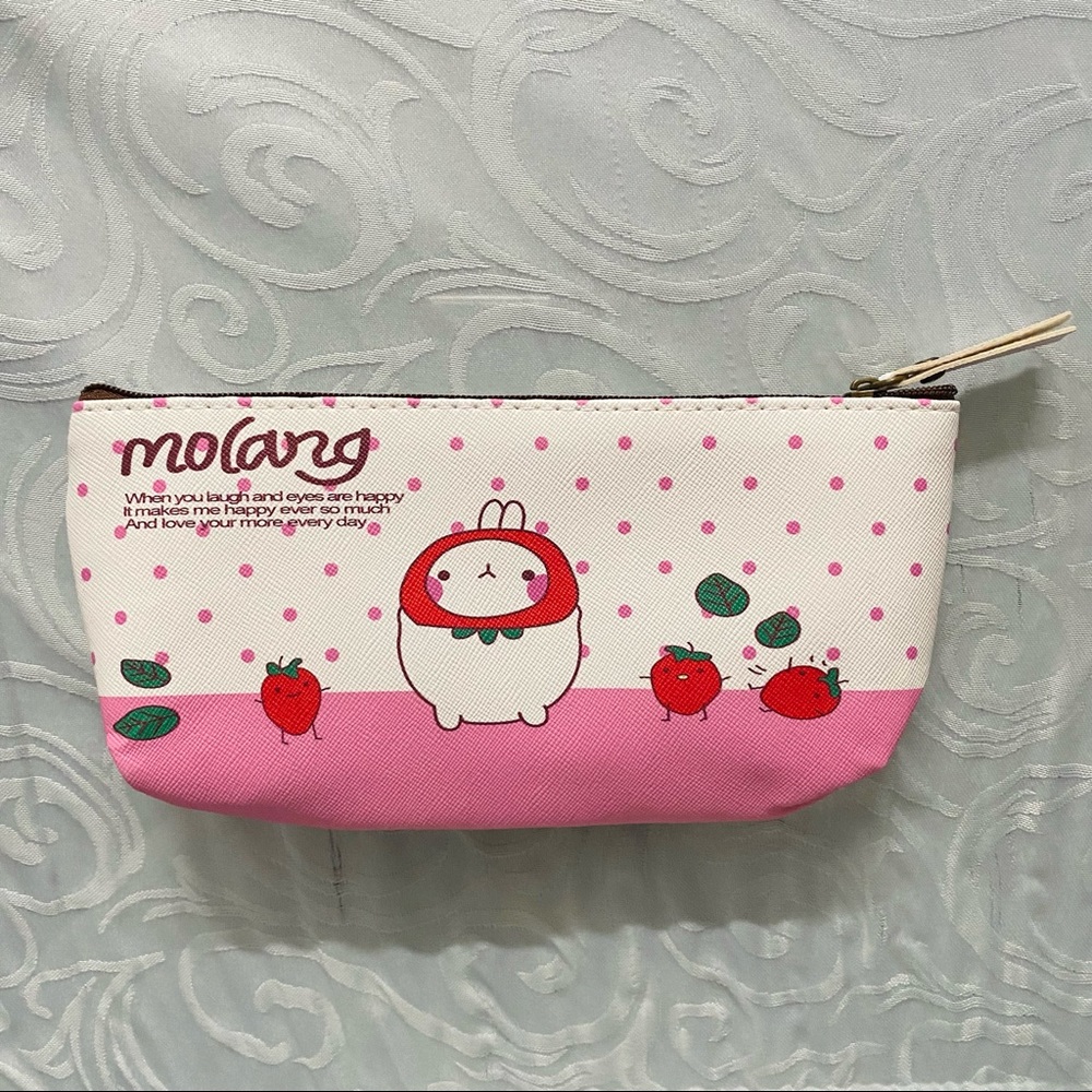 Molang Pink & White Cute Kawaii Bunny Rabbit Strawberry Polka Dot Pencil Case